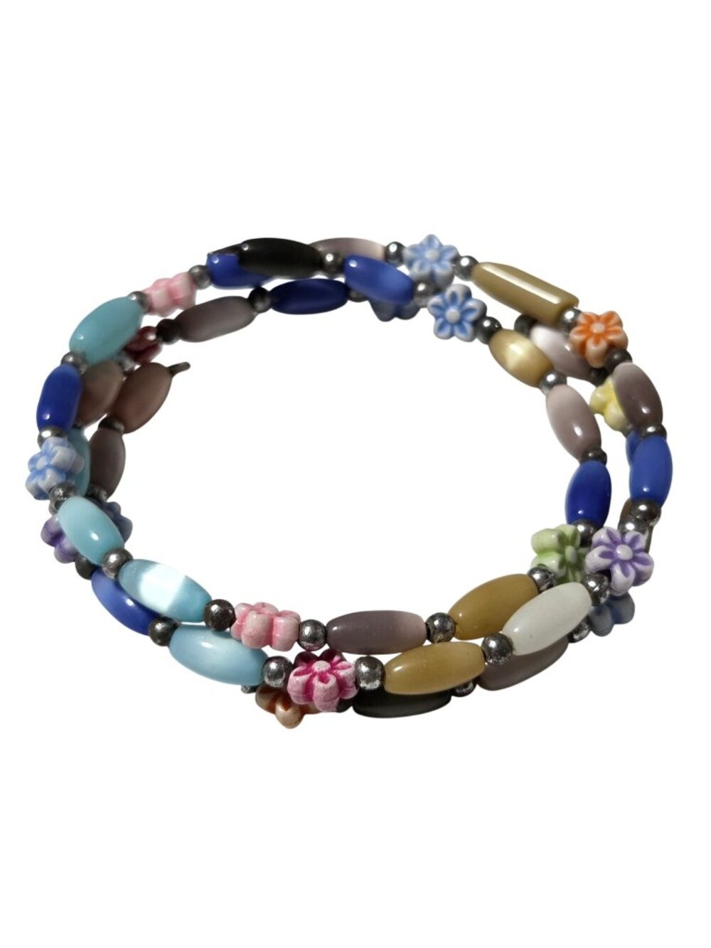 Whimsical Beaded Coil Bracelet Floral Accents Cottagecore Boho Fashion Jewelry